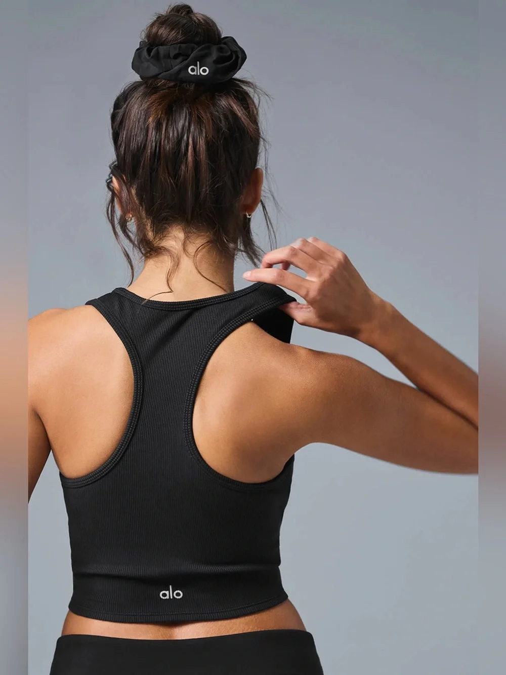 ALO Goddess Ribbed Cropped Racerback Tank in Black